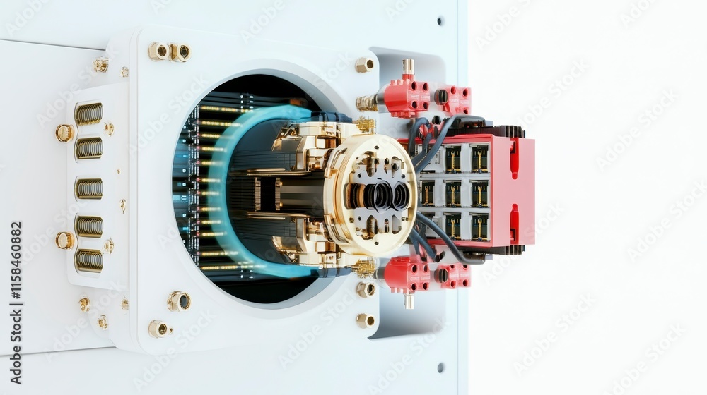 Poster a sleek, futuristic close-up of a complex mechanical device featuring intricate components and vibra