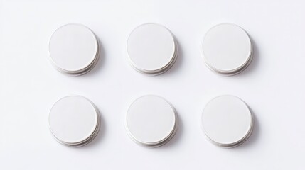 A minimalistic arrangement of six white circular objects on a light background, emphasizing simplicity and symmetry.