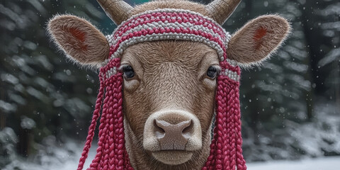  Charming Cow with Knit Hat in Winter Wonderland