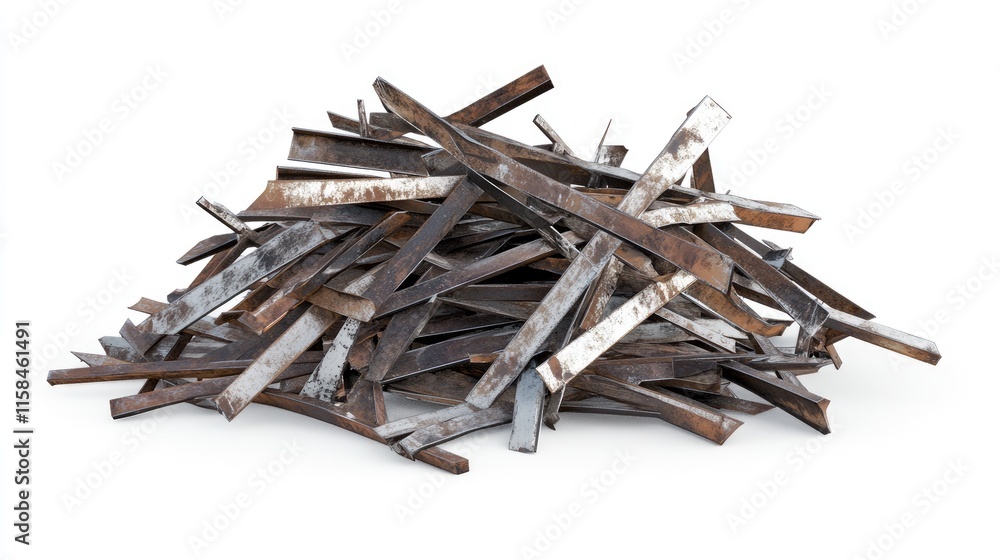 Poster a pile of twisted metal rods and jagged shards, with sharp details and contrasting textures, arrange