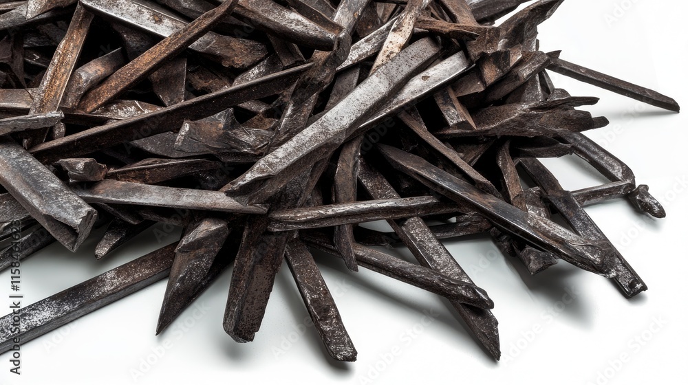 Poster a pile of twisted metal rods and jagged shards, with sharp details and contrasting textures, arrange