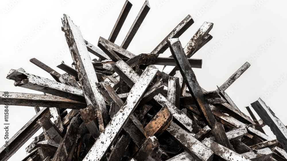 Poster a pile of twisted metal rods and jagged shards, with sharp details and contrasting textures, arrange