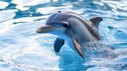Obraz premium A playful dolphin swimming gracefully on a white background, its sleek body and joyful expression captured in stunning detail