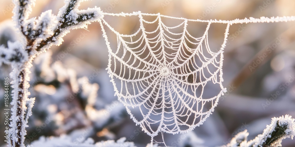 Wall mural intricate spider web adorned with delicate hoar frost, creating a mesmerizing display of nature s ar