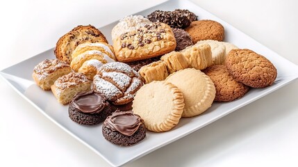 Assorted cookies and biscuits on a white platter.
