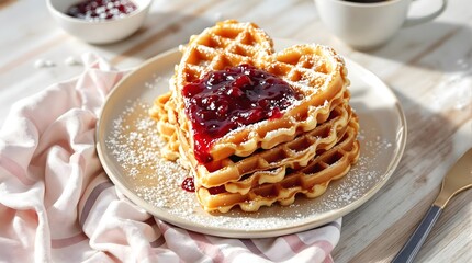 Vafler (Norwegian Waffles) with Berry Jam and Powdered Sugar (Norwegian Cuisine)