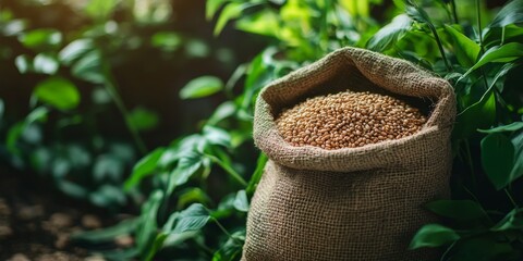 Organic wheat grains sourced from a farmers market, accompanied by green plants in the backdrop. This emphasizes the concept of bio and vegan food.