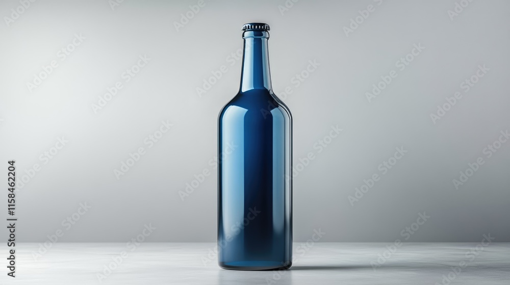 Poster a polished blue beer bottle with a blank label, elegantly positioned on a smooth grey background, id