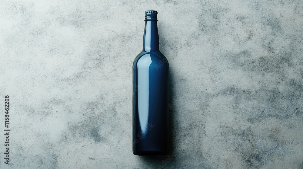 Poster a polished blue beer bottle with a blank label, elegantly positioned on a smooth grey background, id