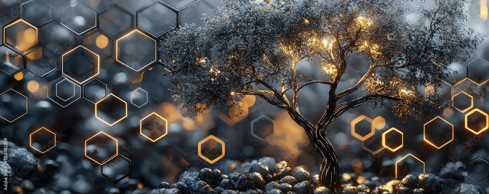 Poster ebony tree abstract background concept. enchanting tree amidst a magical background of glowing shape