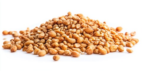 Fototapeta premium Fried peanuts and sesame snack displayed on a white background, showcasing the delightful combination of crispy fried peanuts and nutritious sesame in a tantalizing snack format.