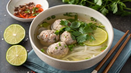 Delightful presentation of bakso floating in fragrant broth with fresh herbs and zesty lime slices
