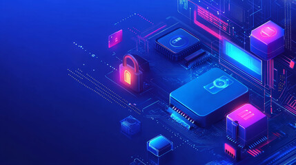 Abstract padlock digital circuit board and icons concept cyber theft protection cyber security On a modern blue background