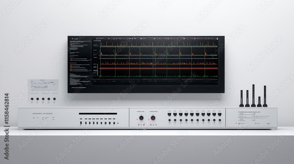 Poster a sleek, modern device setup featuring a monitor displaying data, with various controls and ports fo