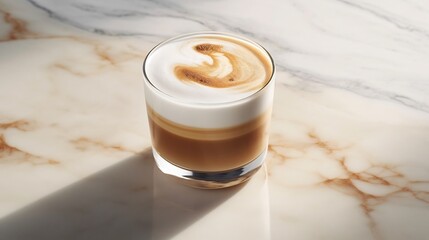 Beautifully crafted latte art with layered coffee and milk served in a glass cup placed on a sleek minimalist marble table surface  This image exudes a calm elegant atmosphere perfect for cafe