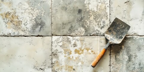 Detailed view of the texture on wall and floor tiles, featuring a tool intended for use in interior construction projects and renovations.