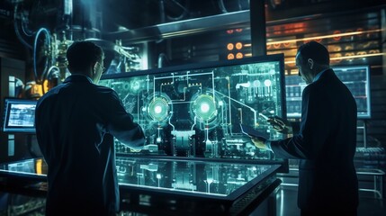 Engineers Utilizing Tablets to Monitor and Analyze Energy Production Metrics in a High Tech Industrial Control Room