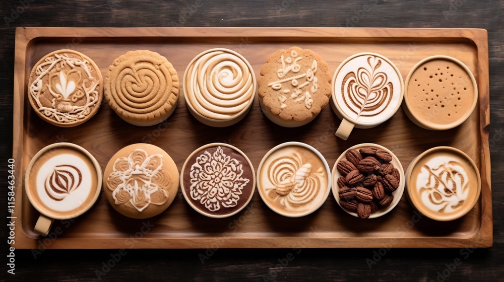 Aufkleber overhead view of various latte art designs on a rustic wooden tray accompanied by freshly baked bisc