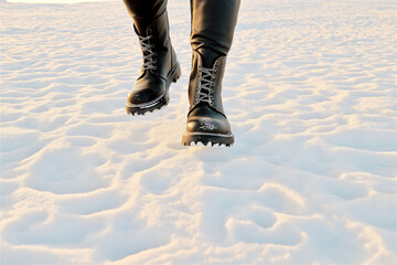 Close-up of rugged boots stepping on crisp snow, symbolizing winter adventure, exploration, and resilience. The textured background adds depth and realism.