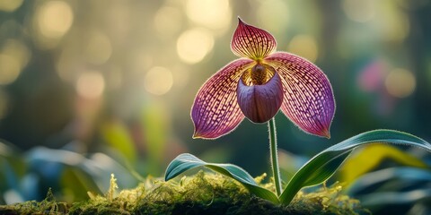 Close up view of a lady slipper orchid, specifically the paphiopedilum superbiens, showcasing its stunning purple and red flower blooming in the morning light against a natural backdrop.
