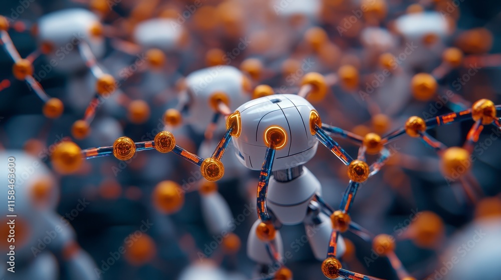 Poster a close-up view of robotic structures interconnected with vibrant orange particles, highlighting the