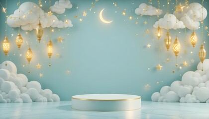 islamic background with cloud and islamic ornaments, strings lights and decorative stars,crescent moon 
and a small podium in the center to place products. soft pastel gold and blue colors