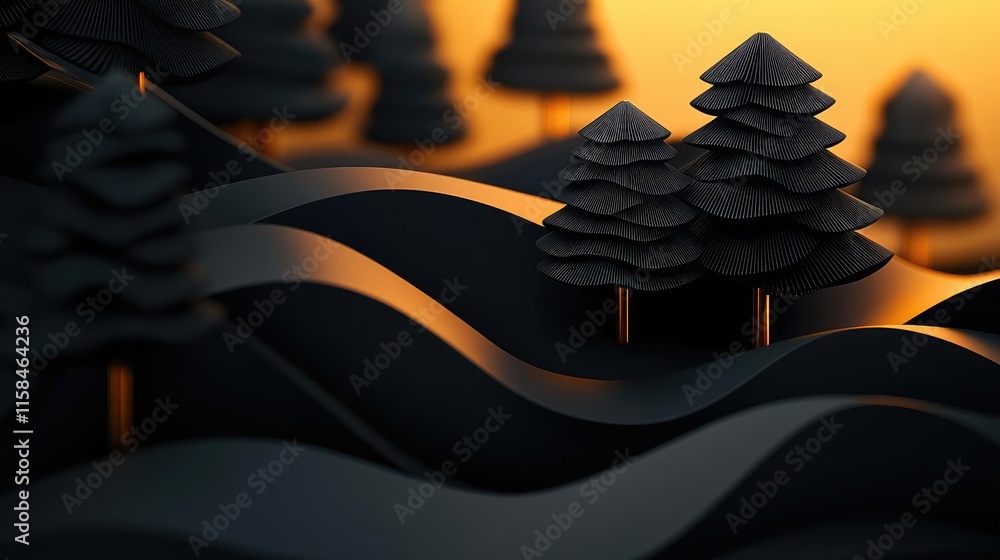Poster ebony tree abstract background concept. a serene landscape with paper-like trees and flowing waves a