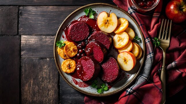 Traditional Blodpudding with Sliced Apples and Lingonberry Sauce (Norwegian Cuisine)