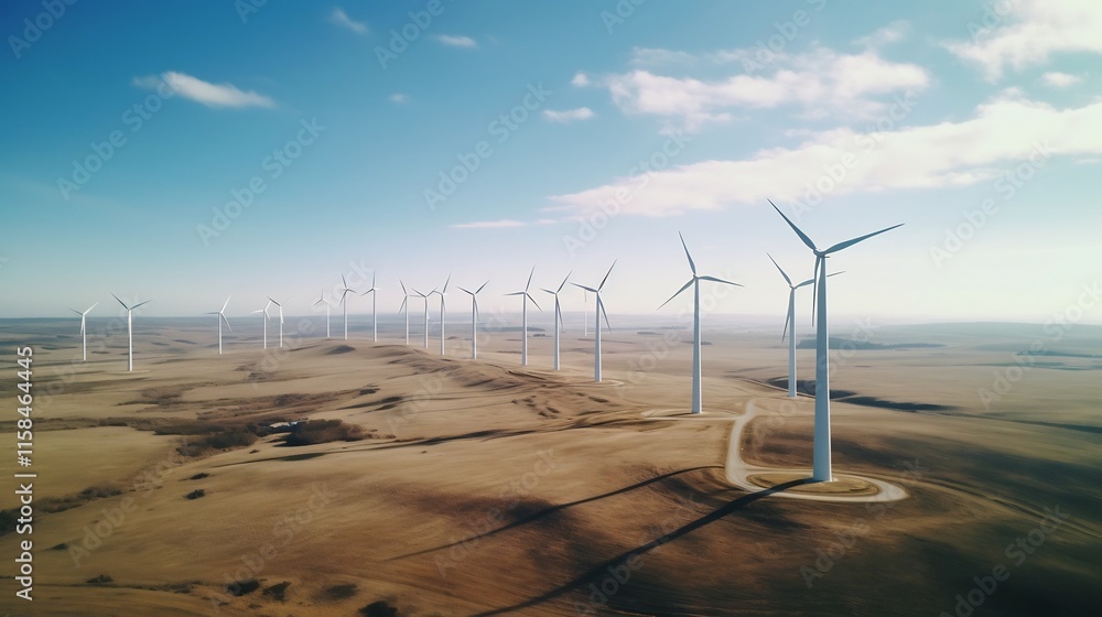 Poster aerial drone view of rows of wind turbines spanning an open vast plain landscape with a distant hori
