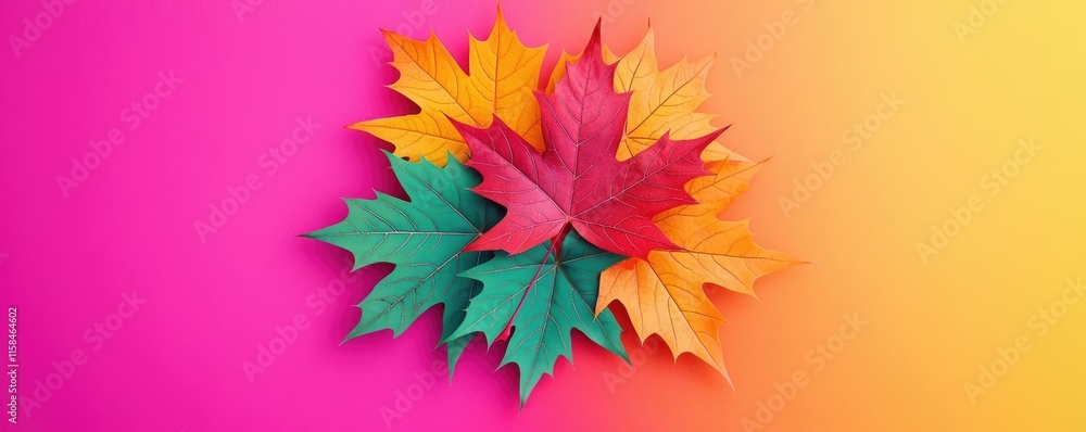 Poster maple leaves abstract background idea. vibrant autumn leaves in various colors arranged on a bright 