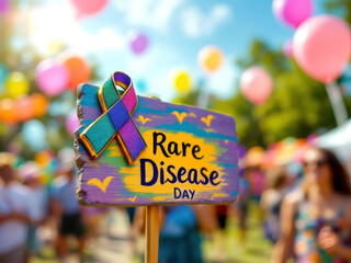 Rare disease day celebration with vibrant balloons and awareness ribbon design