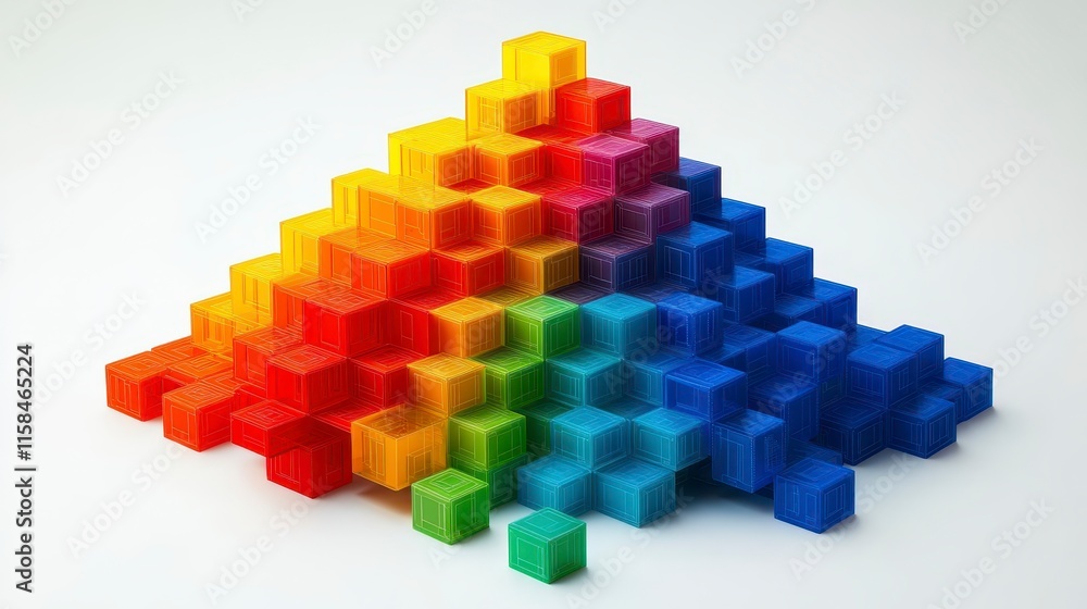 Poster a colorful pyramid-shaped arrangement of blocks creates a vibrant gradient effect, showcasing an art