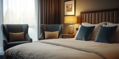 A cozy room featuring a comfortable bed and stylish chairs, creating an inviting atmosphere for relaxation. The room showcases a harmonious blend of the bed and chairs for perfect comfort.