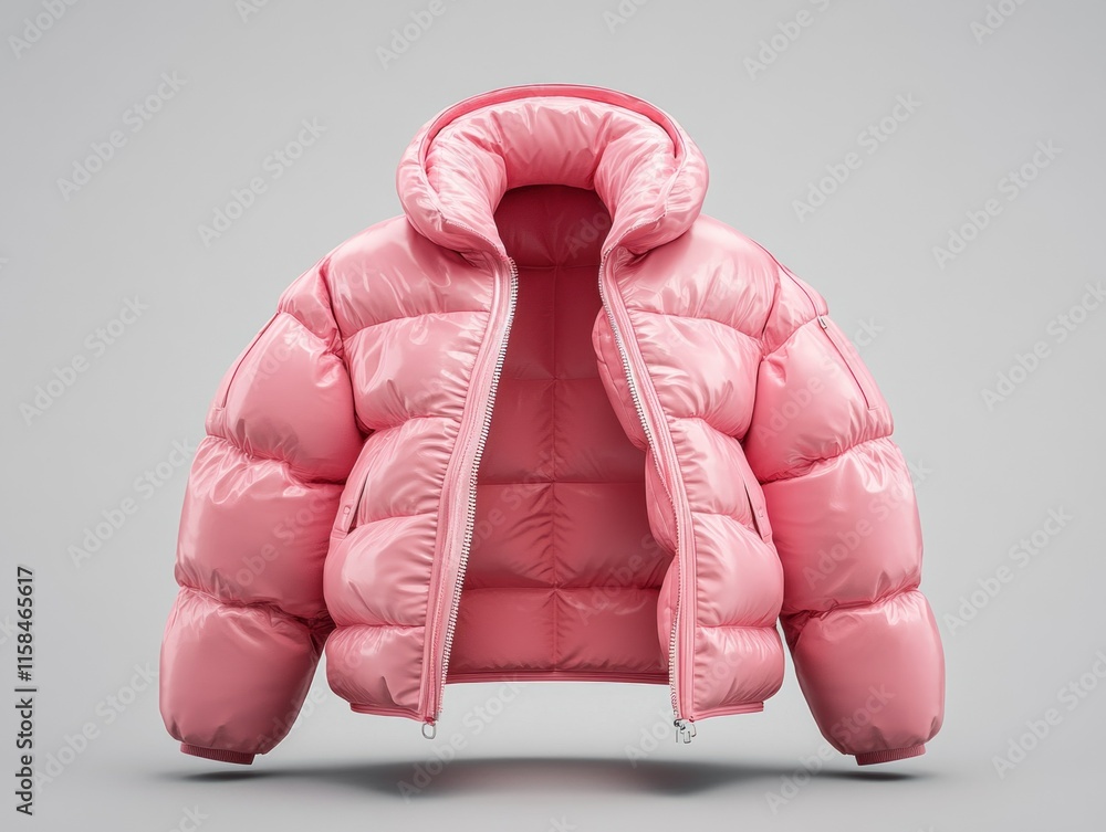 Poster a pink down jacket is showcased empty against a soft gray backdrop, highlighting its design and colo