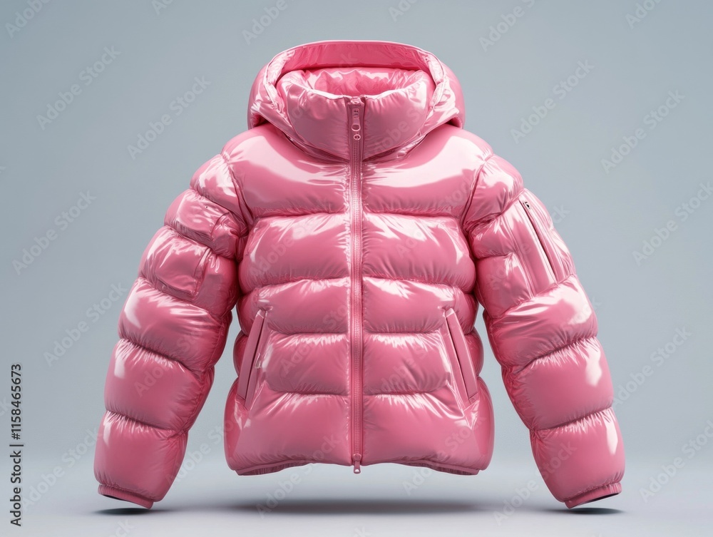 Poster a pink down jacket is displayed prominently, emphasizing its shiny texture and puffy design against 
