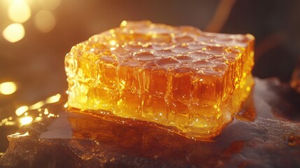 Golden honeycomb sits on a dark surface, glistening in the sunlight. Perfect for food blogs, honey product websites, or illustrating natural sweetness.