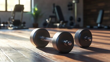 3D rendering of dumbbells on the floor with gym equipment visible in the background of a fitness room
