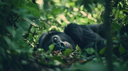 A peaceful gorilla resting amidst lush greenery in its natural habitat.