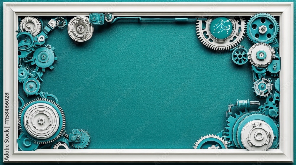 Aufkleber a visually striking frame composed of teal gears and cogs, creating a unique industrial aesthetic on