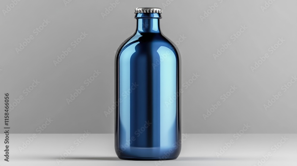Poster a shiny blue beer bottle with a blank label, isolated on a clean grey background, offering a modern 
