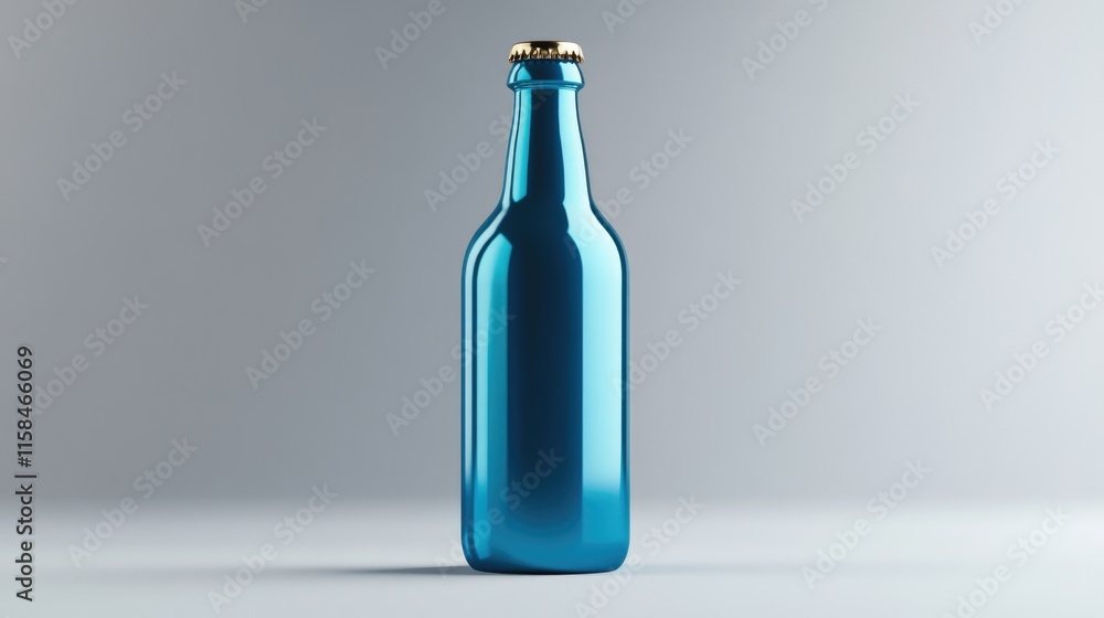 Poster a shiny blue beer bottle with a blank label, isolated on a clean grey background, offering a modern 