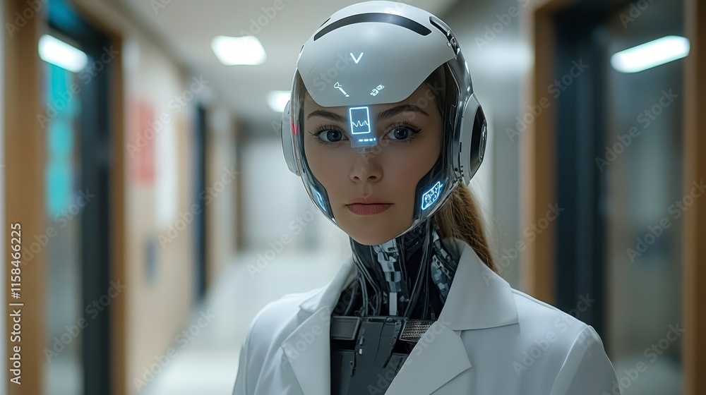 Aufkleber a futuristic humanoid robot in a lab coat stands in a corridor, showcasing advanced technology with 