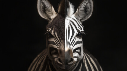 Close-up of a zebra with high-contrast stripes against a black background, creating a dramatic effect