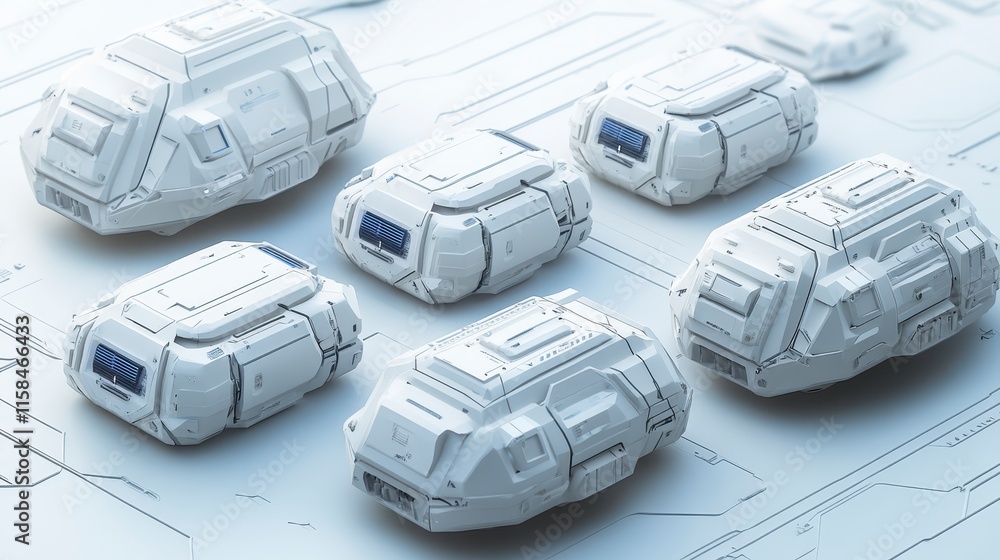 Aufkleber a collection of futuristic, white vehicle models arranged on a technical blueprint, showcasing advan