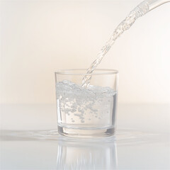 Crystal clear water being poured into a glass on a bright surface. This minimalistic shot showcases freshness, hydration, and clean aesthetics.