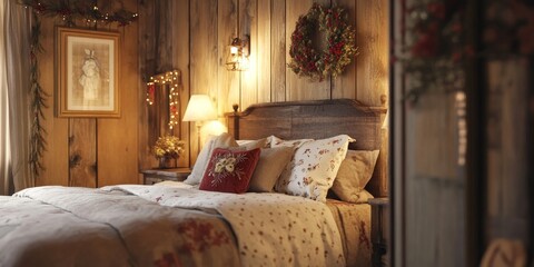 Charming corner of a cottage bedroom in a rustic holiday escape, featuring a country style interior design that exudes warmth and comfort. Cozy and inviting atmosphere created.