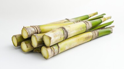 Fototapeta premium A side view of a fresh sugarcane heap with visible cut ends, isolated on a clean white surface, highlighting the freshness and natural texture