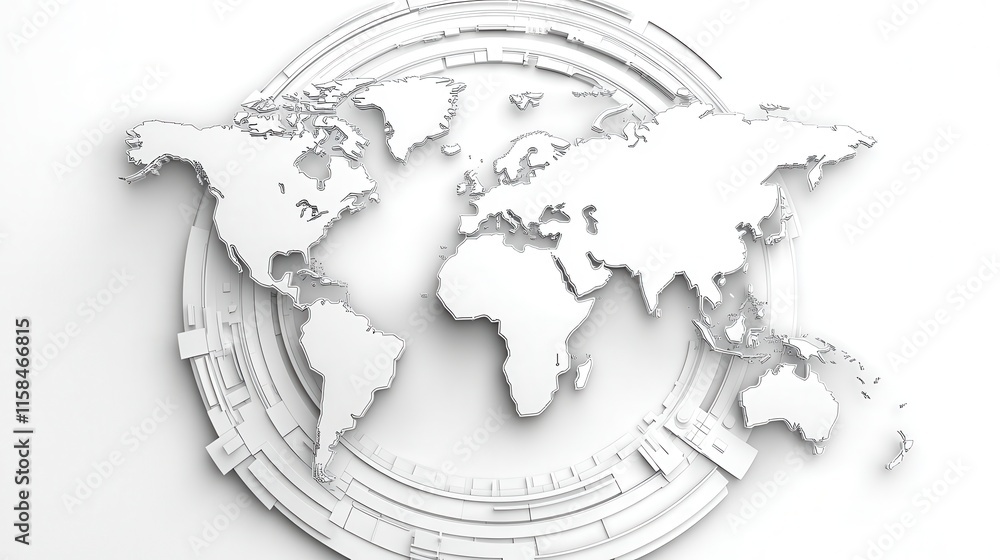 Poster a minimalist illustration of a world map in white, set against a circular backdrop, symbolizing glob