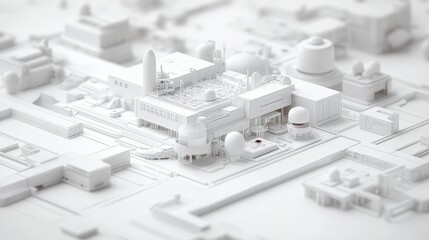 A detailed white architectural model showing a complex layout of buildings and structures, emphasizing depth and design in a monochromatic style.