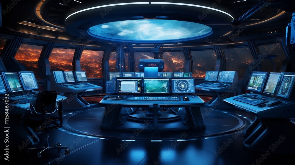 Poster futuristic control room inside area 51 filled with glowing monitors advanced technology and cutting 